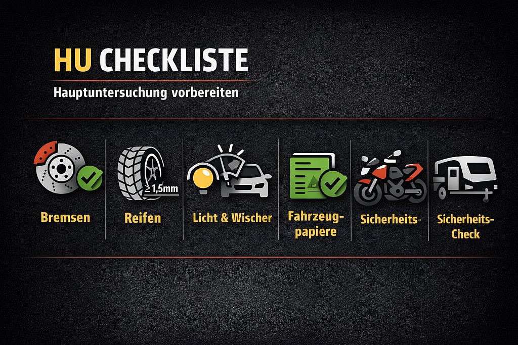 hu-checkliste HU Checkliste für Auto, Motorrad, Anhänger und Wohnwagen – Bremsen, Reifen, Licht, Fahrzeugpapiere und Sicherheits-Check prüfen vor der Hauptuntersuchung