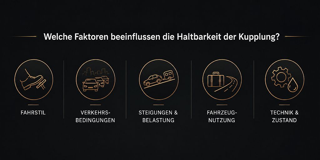 **Alt:** Infografik zur Haltbarkeit der Kupplung mit Darstellung der wichtigsten Einflussfaktoren wie Fahrstil, Verkehrsbedingungen und Fahrzeugnutzung sowie deren Auswirkungen auf den Verschleiß.