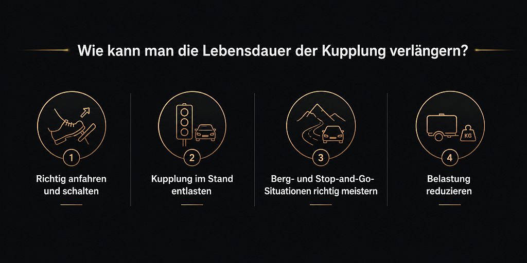 Infografik zur Lebensdauer der Kupplung und den wichtigsten Einflussfaktoren wie Fahrstil, Verkehrsbedingungen, Belastung und Fahrzeugzustand.