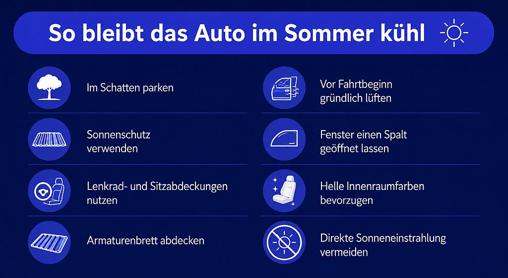 Infografik Auto im Sommer kühl halten – Tipps gegen Hitze im Fahrzeug