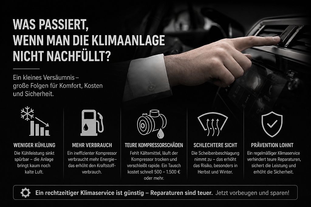 Infografik: Folgen einer nicht nachgefüllten Klimaanlage im Auto – schwache Kühlung, höhere Belastung, mögliche Schäden am System