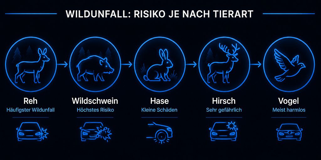 Infografik zu Wildunfällen mit Tieren – Übersicht über mögliche Fahrzeugschäden nach Zusammenstoß mit Reh, Wildschwein, Hirsch, Hase oder Vogel.