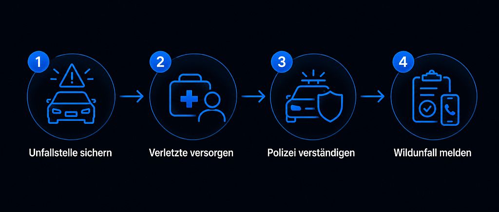Infografik zum Thema Wildunfall – richtiges Verhalten nach einem Wildunfall und wichtigste Schritte im Überblick
