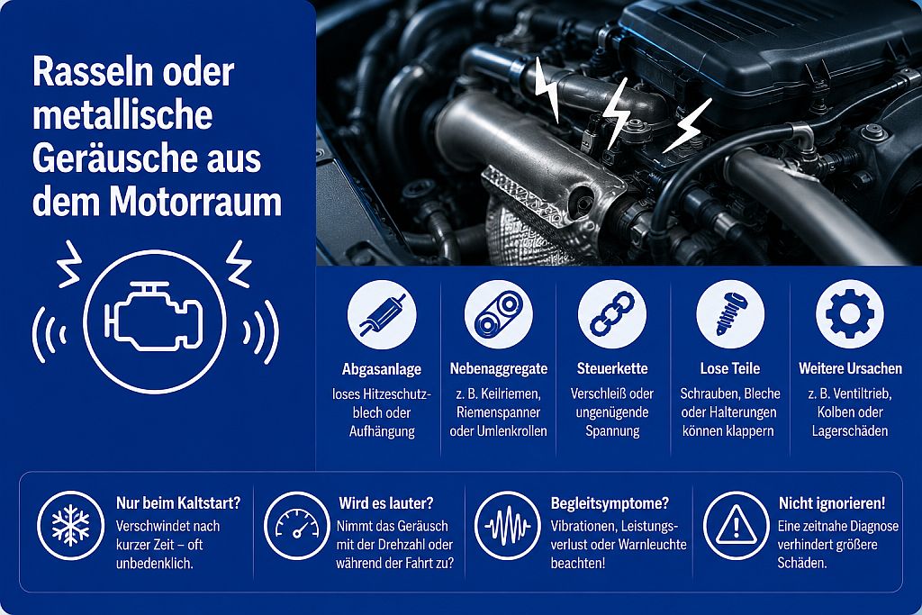 Infografik zu Rasseln oder metallischen Geräuschen aus dem Motorraum mit möglichen Ursachen an Abgasanlage, Nebenaggregaten und Steuerkette
