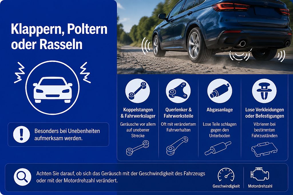 Infografik zu Klappern, Poltern und Rasseln beim Auto mit möglichen Ursachen an Fahrwerk, Abgasanlage und Unterboden