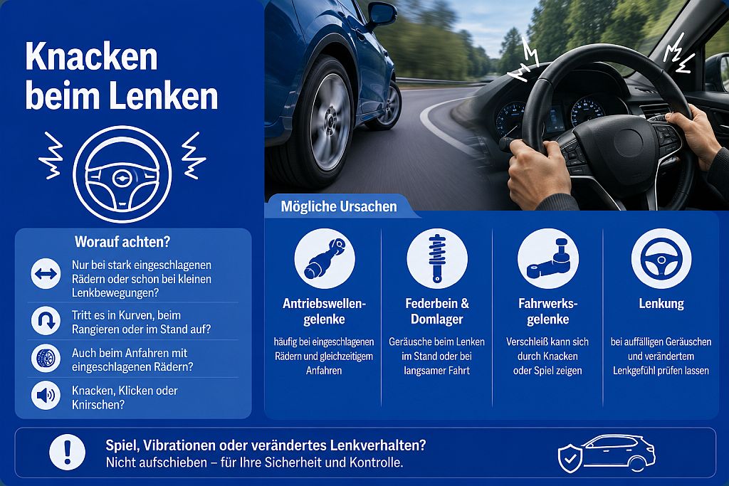 Infografik zu Knacken beim Lenken mit möglichen Ursachen an Antriebswelle, Fahrwerk und Lenkung