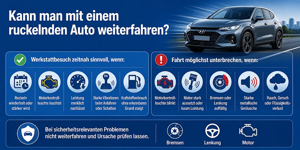 Infografik mit wichtigen Warnzeichen, bei denen ein ruckelndes Auto nicht weitergefahren werden sollte, etwa bei Leistungsverlust, blinkender Motorkontrollleuchte oder Problemen mit Bremsen und Lenkung.