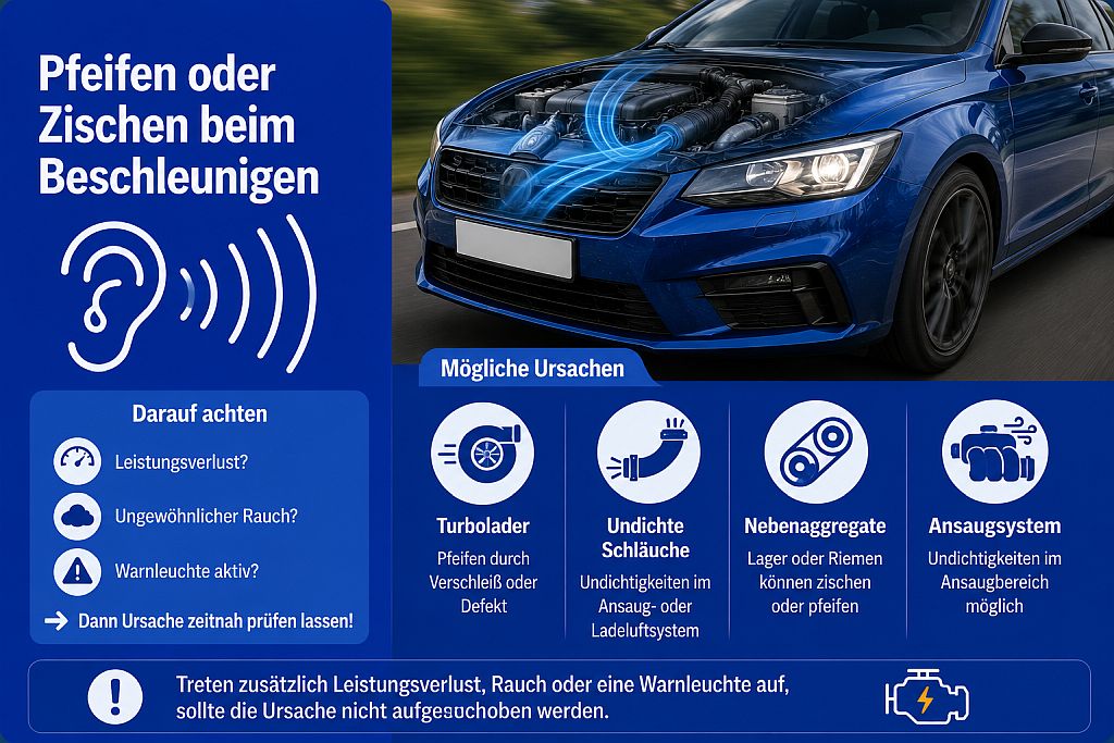 Infografik zu Pfeifen oder Zischen beim Beschleunigen mit möglichen Ursachen an Turbolader, Ansaugsystem und Schläuchen