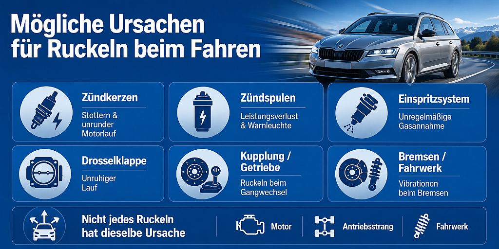 Infografik zu typischen Ursachen für Ruckeln beim Auto, darunter Probleme mit Zündkerzen, Einspritzung, Kupplung, Getriebe, Bremsen und Fahrwerk