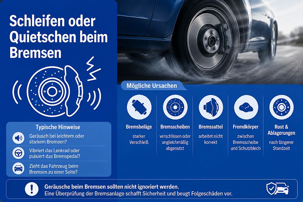 Infografik zu Schleifen oder Quietschen beim Bremsen mit möglichen Ursachen an Bremsbelägen, Bremsscheiben und Bremssattel