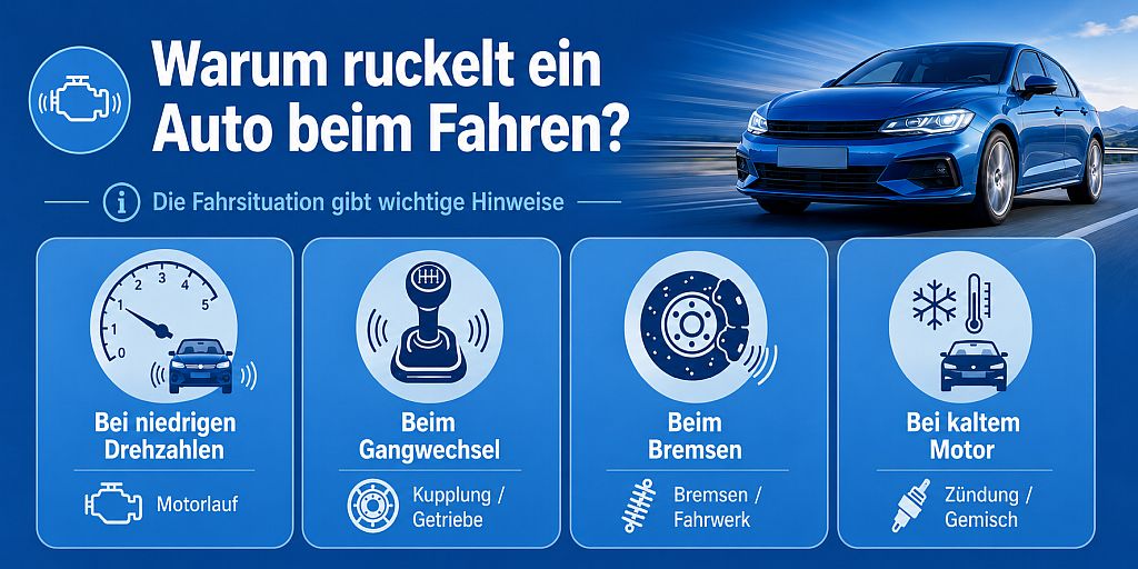 Infografik zu den häufigsten Ursachen, warum ein Auto beim Fahren ruckelt, von Zündung und Einspritzung bis zu Kupplung, Getriebe und Fahrwerk