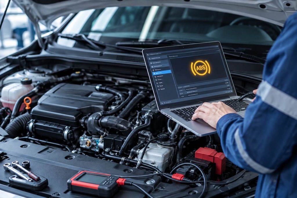 Ein Mechaniker schließt das Fahrzeug an den Computer an - ABS Sensoren Check