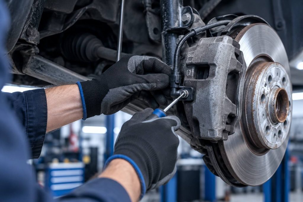 Ein Mechaniker mit Handschuhen befestigt einen ABS Sensor am Fahrzeug