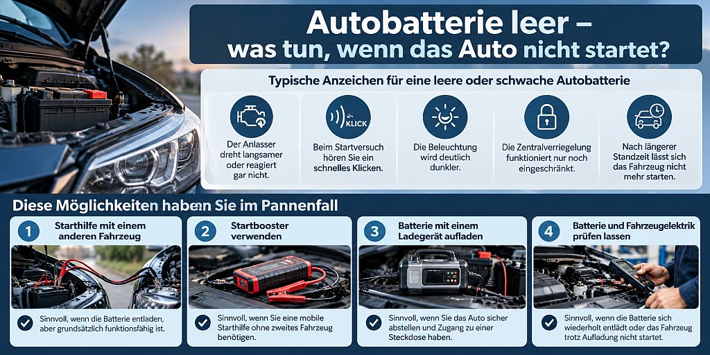 Autobatterie leer – was tun, wenn das Auto nicht startet? Infografik