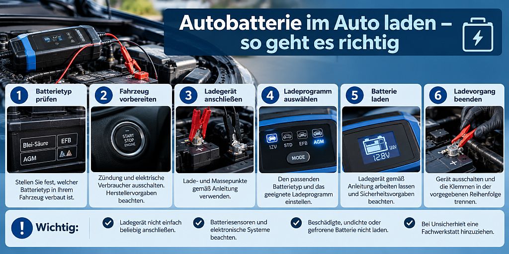 Autobatterie im Auto laden – so geht es richtig Infografik