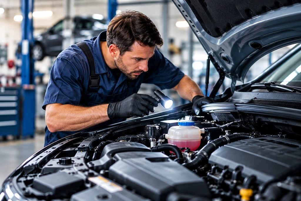 Ein Mechaniker schaut unter die Autohaube und kontrolliert den Stand der Flüssigkeiten